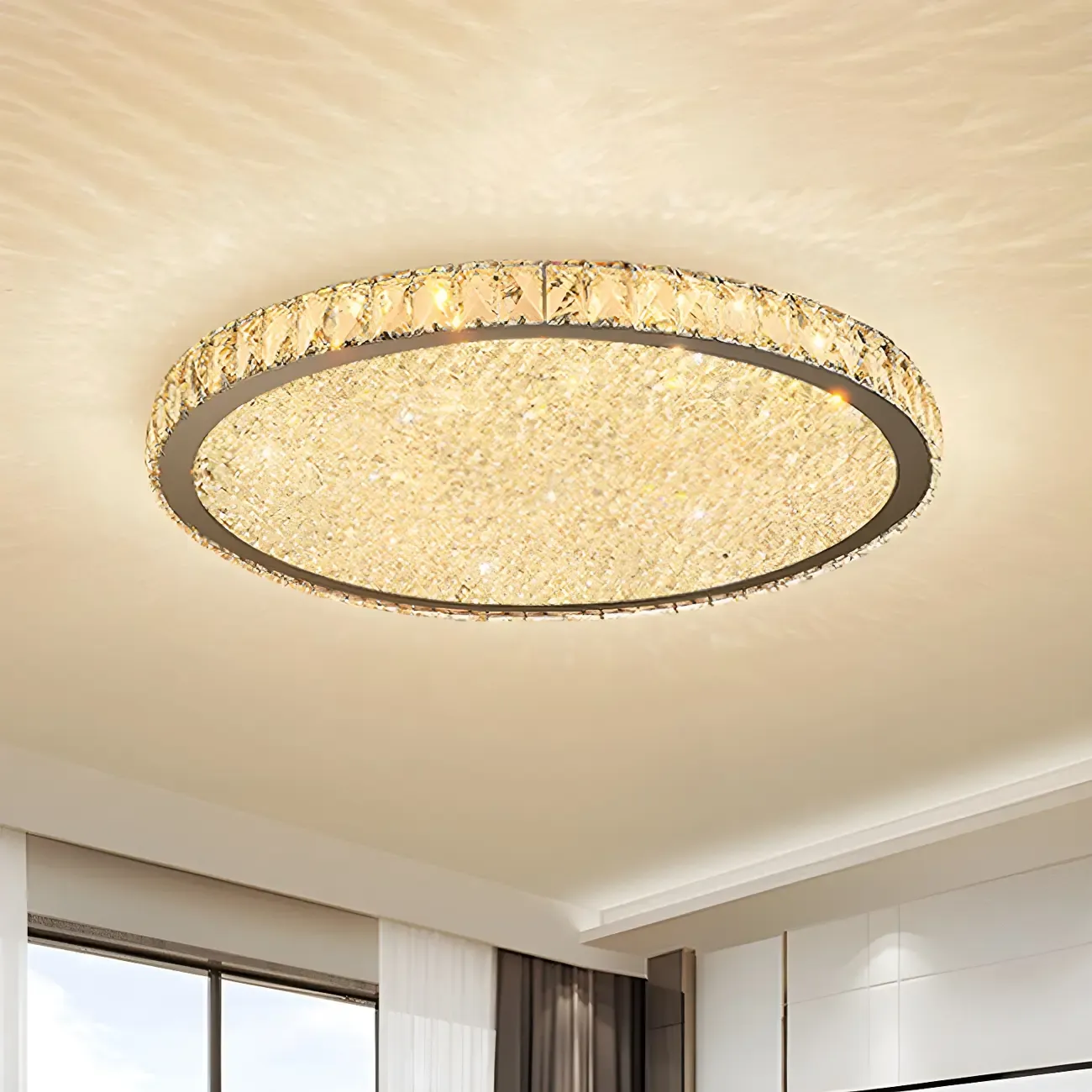 LED Gold Round Crystal Flush Mount Ceiling Light Image - 2