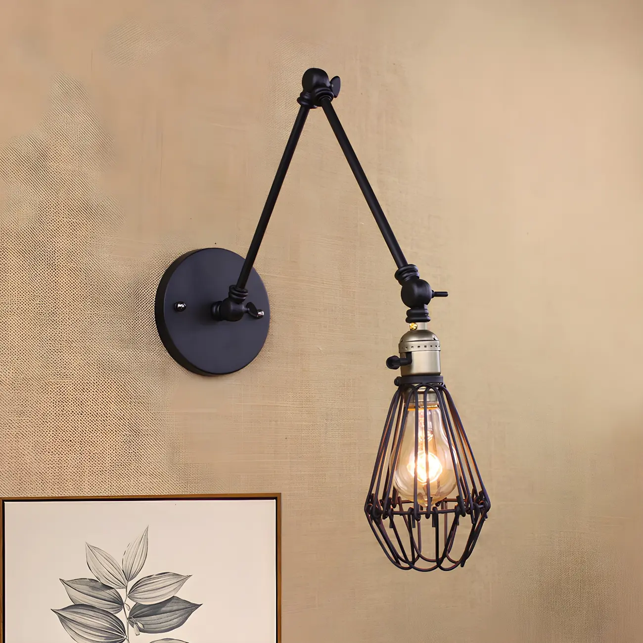 Industrial Black Wire Cage Swing Arm Wall Light Image - 6 | homeyfad
