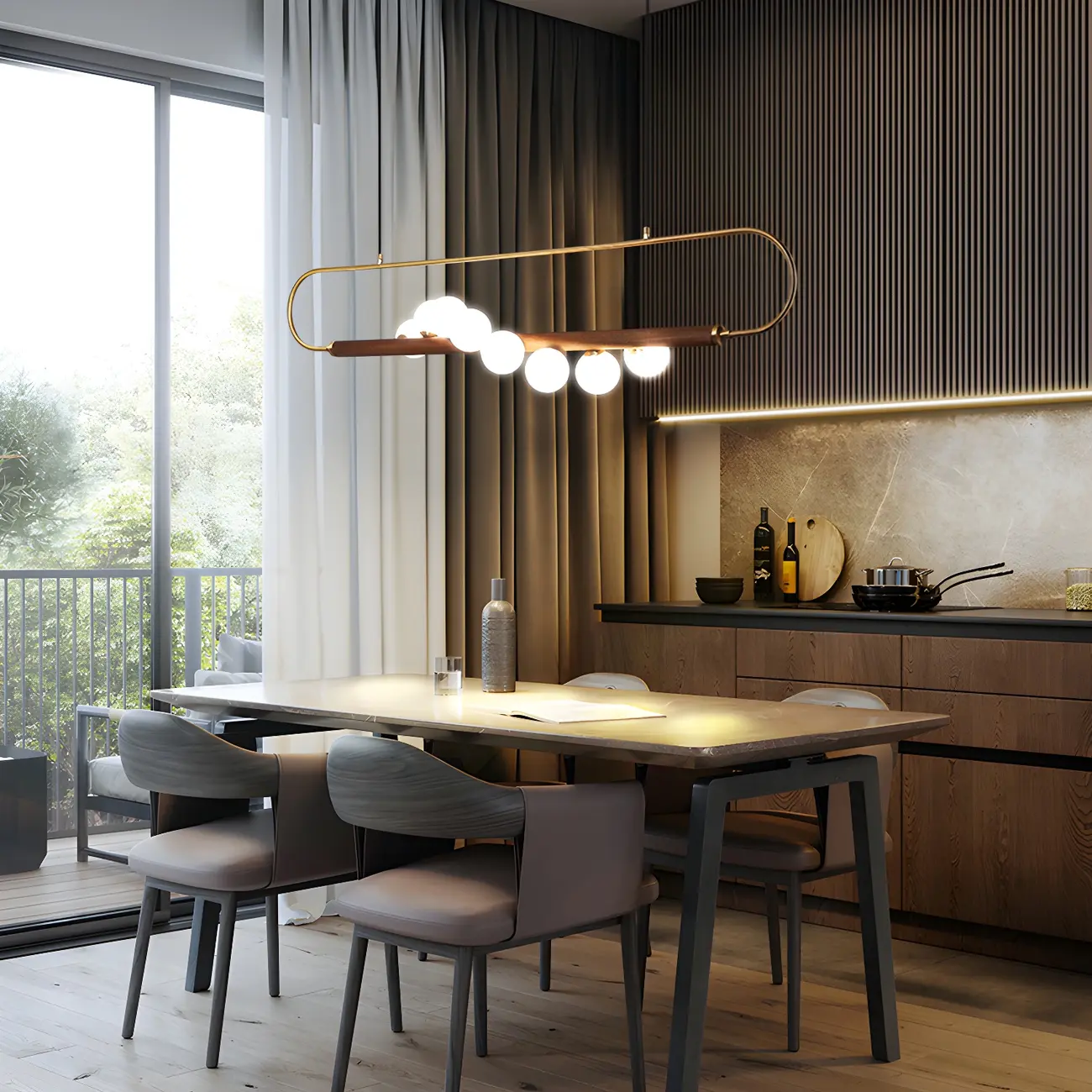 Modern Brass Wood Linear Island Pendant Light Image - 4 | homeyfad