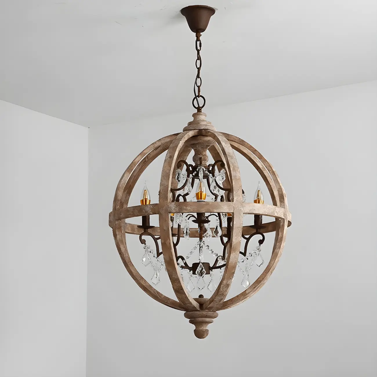 Rustic Wooden 3-Light Orb Candelabra with Crystal Deco Image - 7 | homeyfad