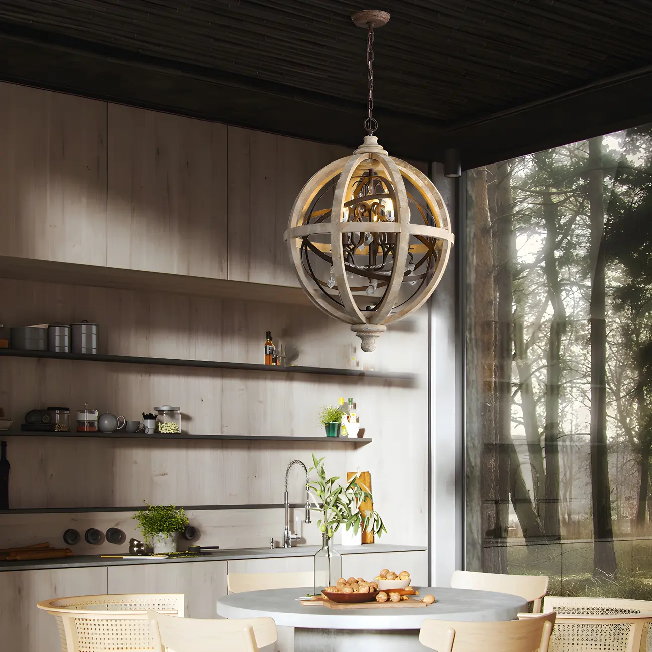 Rustic Wooden 3-Light Orb Candelabra with Crystal Deco Image - 1 | homeyfad