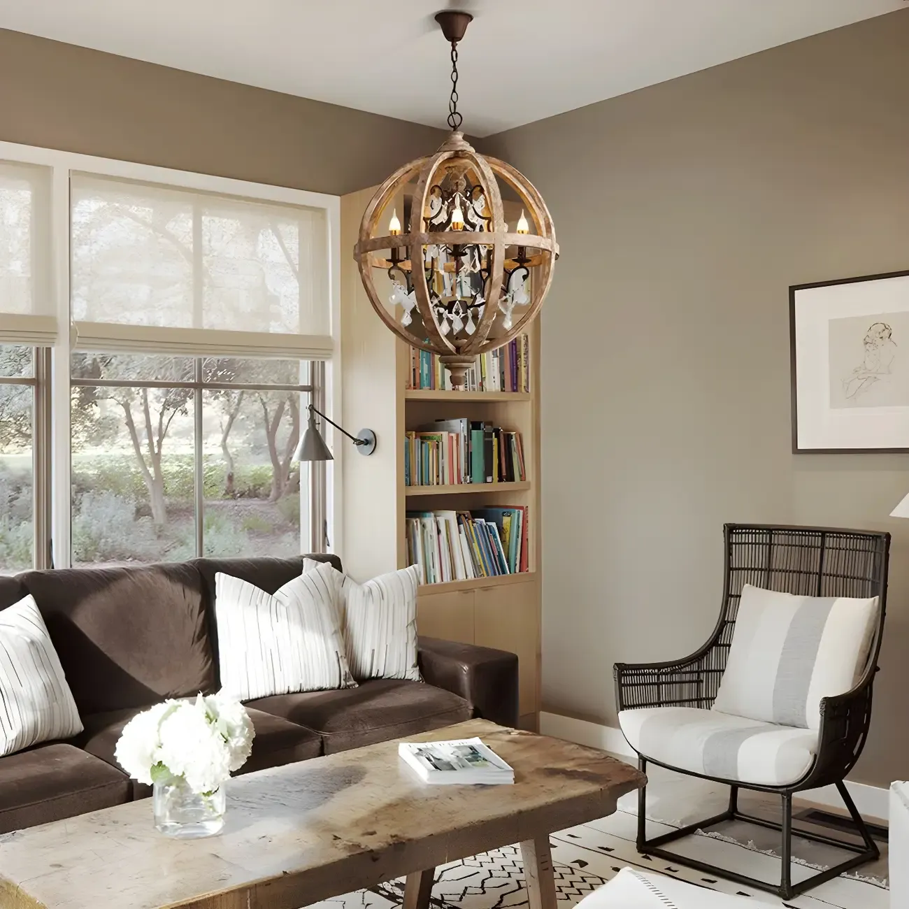 Rustic Wooden 3-Light Orb Candelabra with Crystal Deco Image - 5