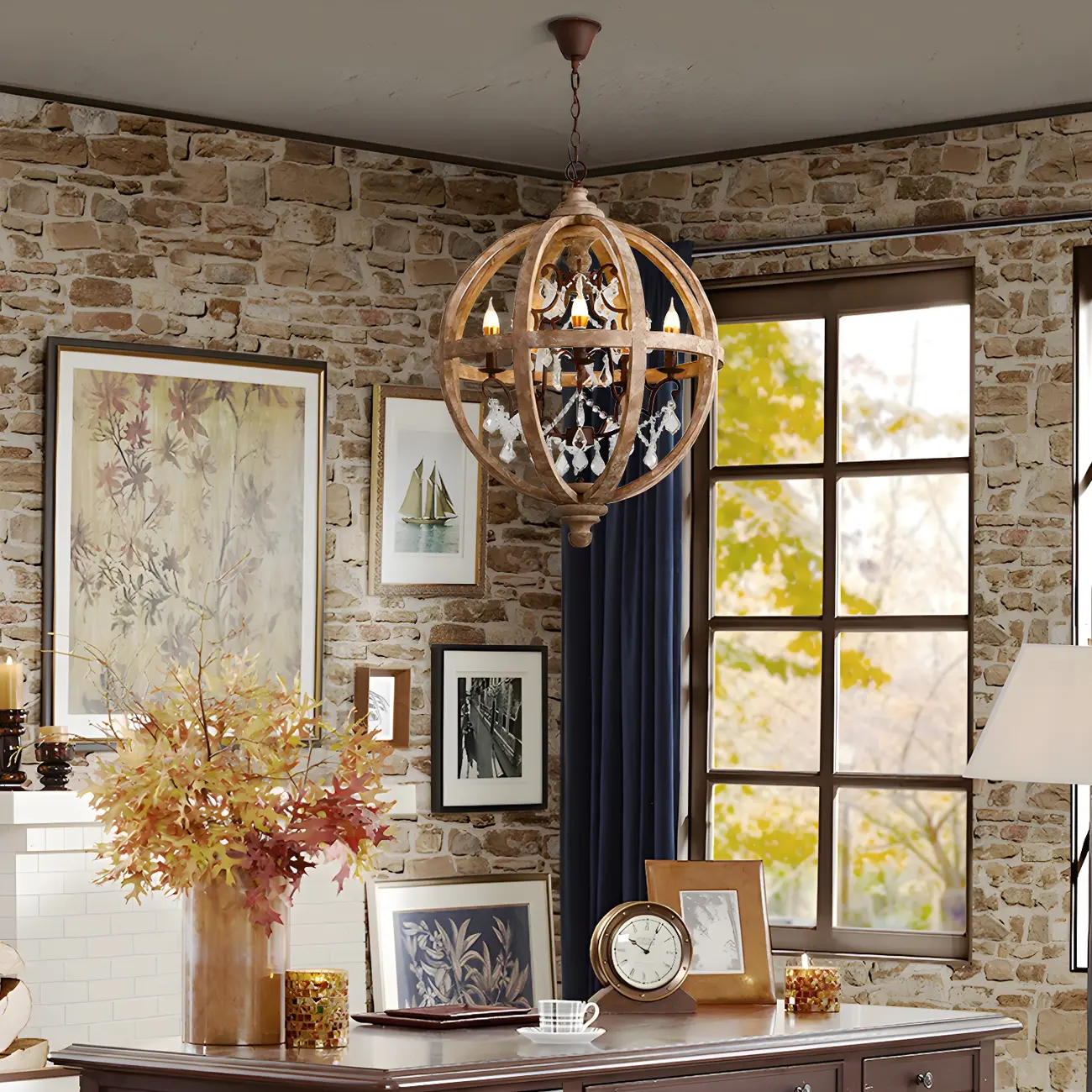 Rustic Wooden 3-Light Orb Candelabra with Crystal Deco Image - 3 | homeyfad