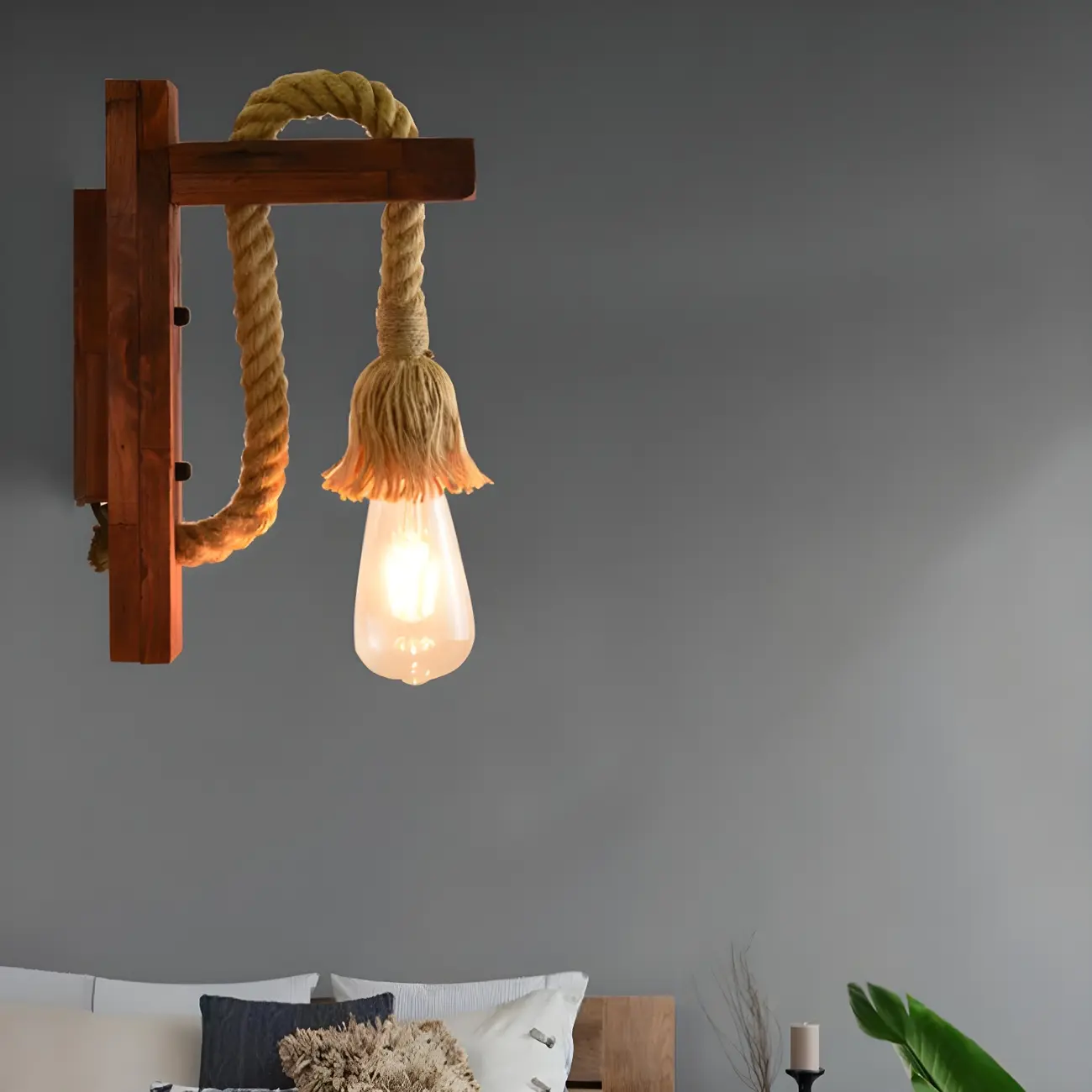 Industrial Rustic Wooden Rope Wall Sconce Lamp for Bedroom Image - 1 | homeyfad