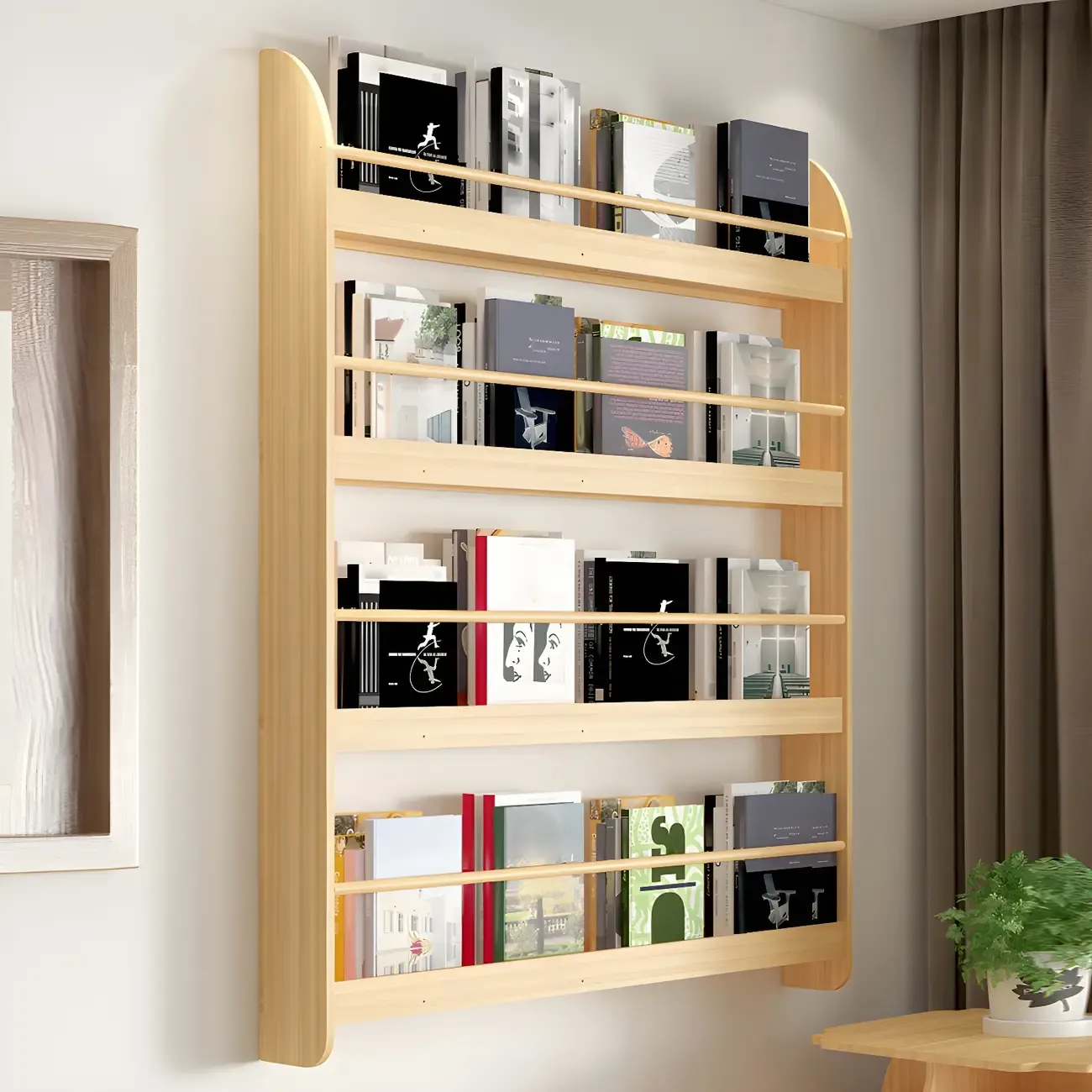 Horizontal Wall-Mounted Light Wood 4-Tier Shelf Unit Image - 1