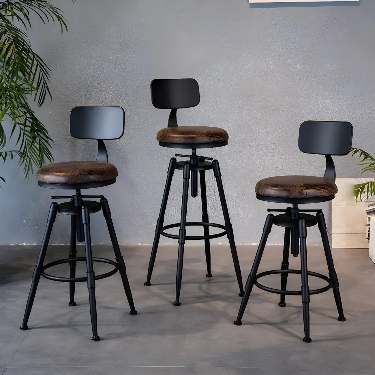 Industrial Iron Swivel Adjustable Bar Stools Image - 2