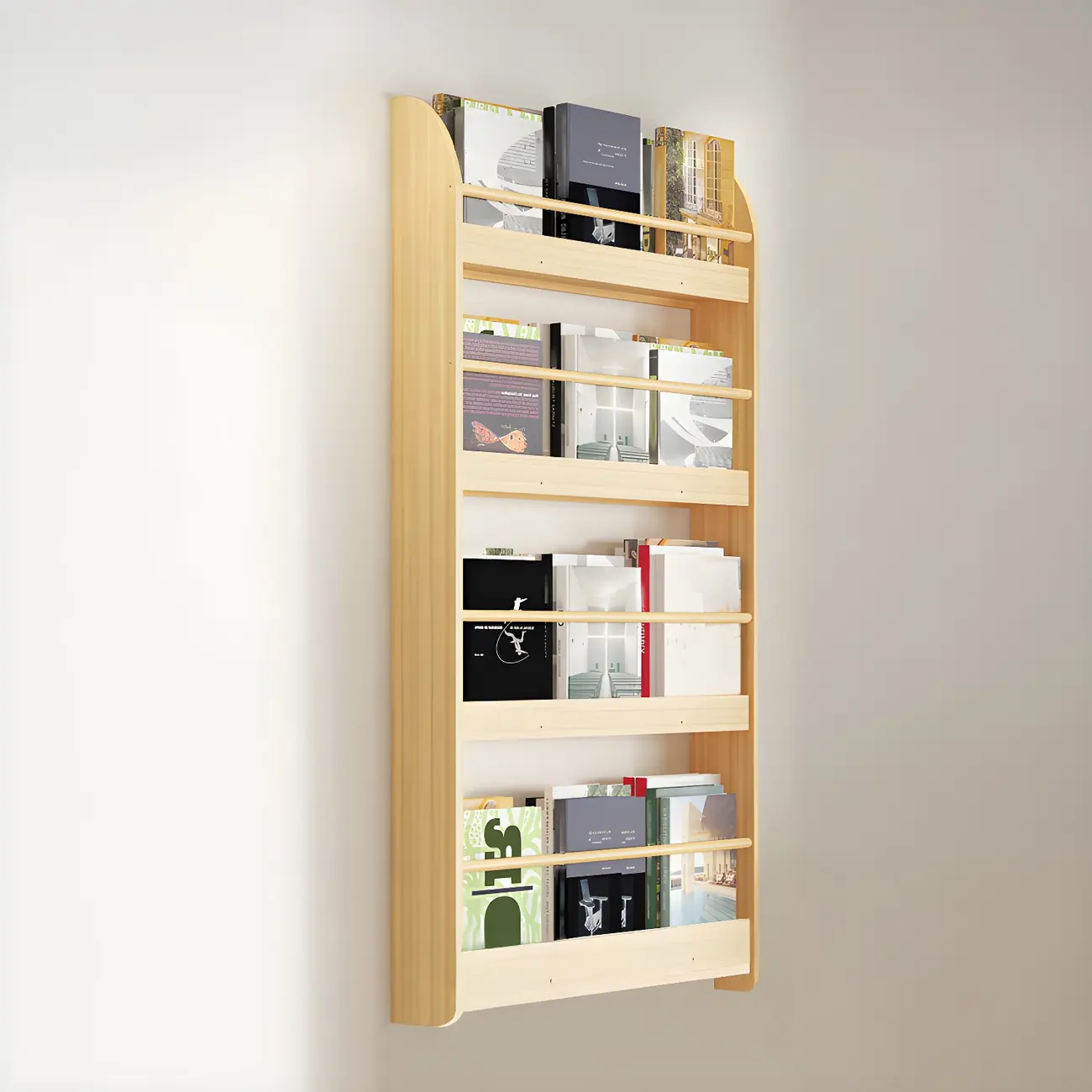 Horizontal Wall-Mounted Light Wood 4-Tier Shelf Unit Image - 2 | homeyfad
