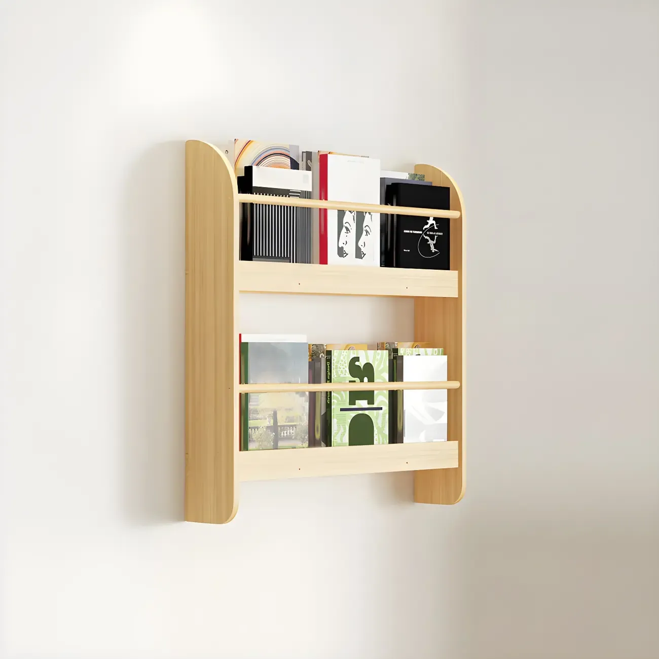 Horizontal Wall-Mounted Light Wood 4-Tier Shelf Unit Image - 3