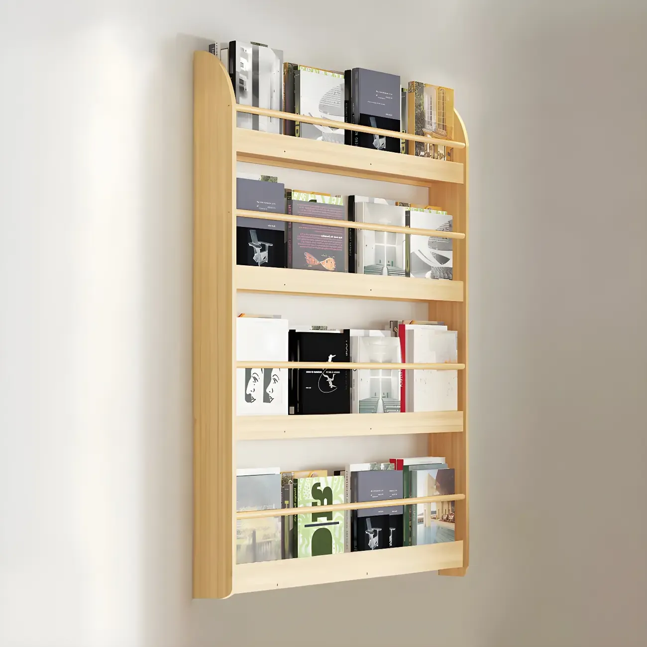 Horizontal Wall-Mounted Light Wood 4-Tier Shelf Unit Image - 5