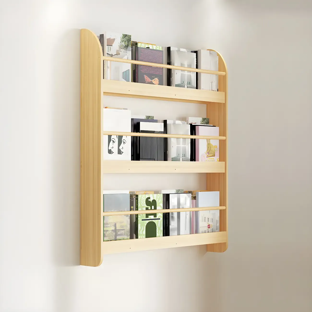 Horizontal Wall-Mounted Light Wood 4-Tier Shelf Unit Image - 7