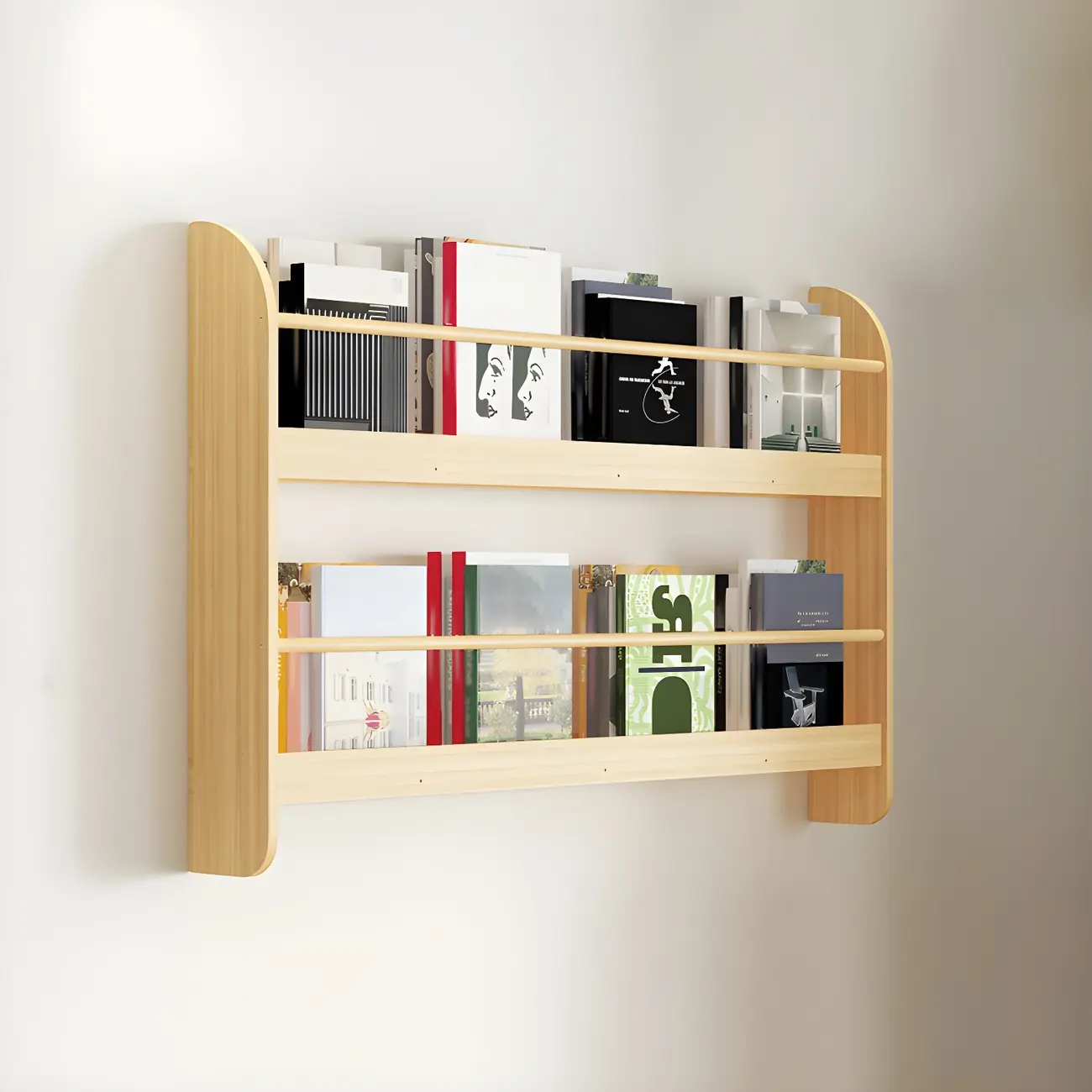Horizontal Wall-Mounted Light Wood 4-Tier Shelf Unit Image - 25 | homeyfad