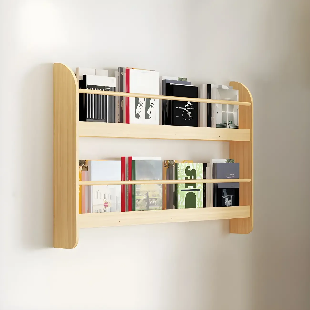 Horizontal Wall-Mounted Light Wood 4-Tier Shelf Unit Image - 25