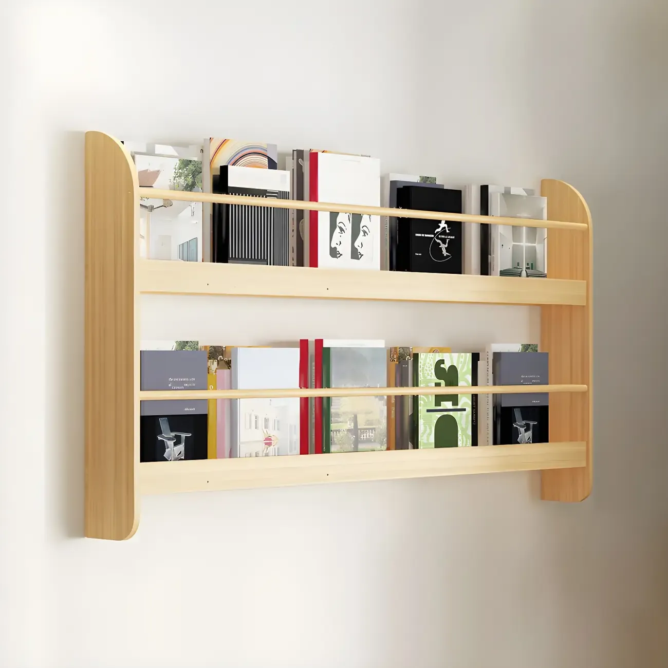 Horizontal Wall-Mounted Light Wood 4-Tier Shelf Unit Image - 26