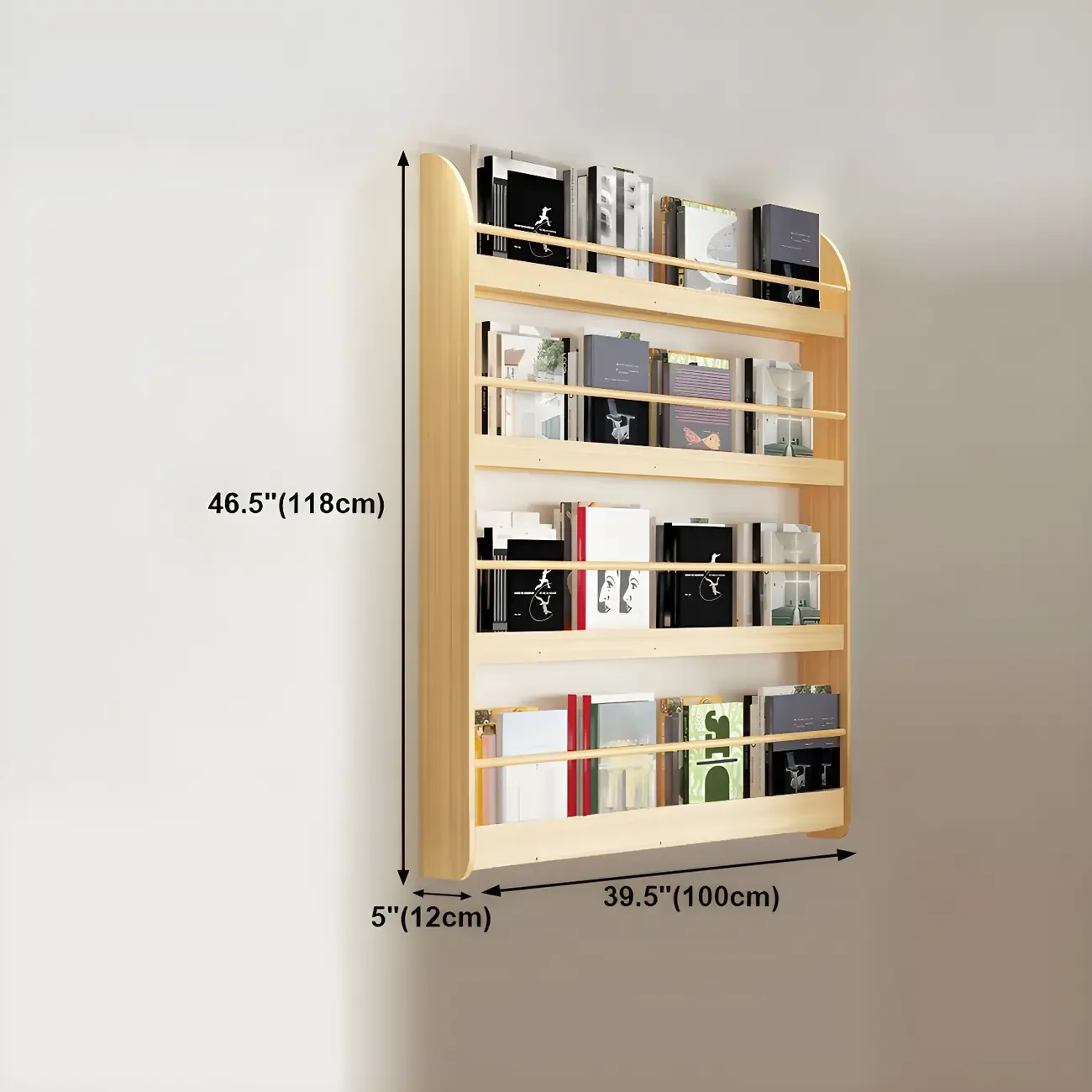 Horizontal Wall-Mounted Light Wood 4-Tier Shelf Unit Image - 29