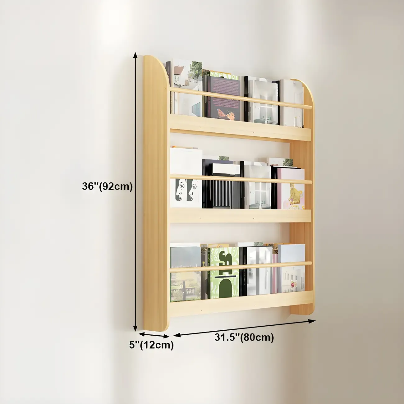 Horizontal Wall-Mounted Light Wood 4-Tier Shelf Unit Image - 34