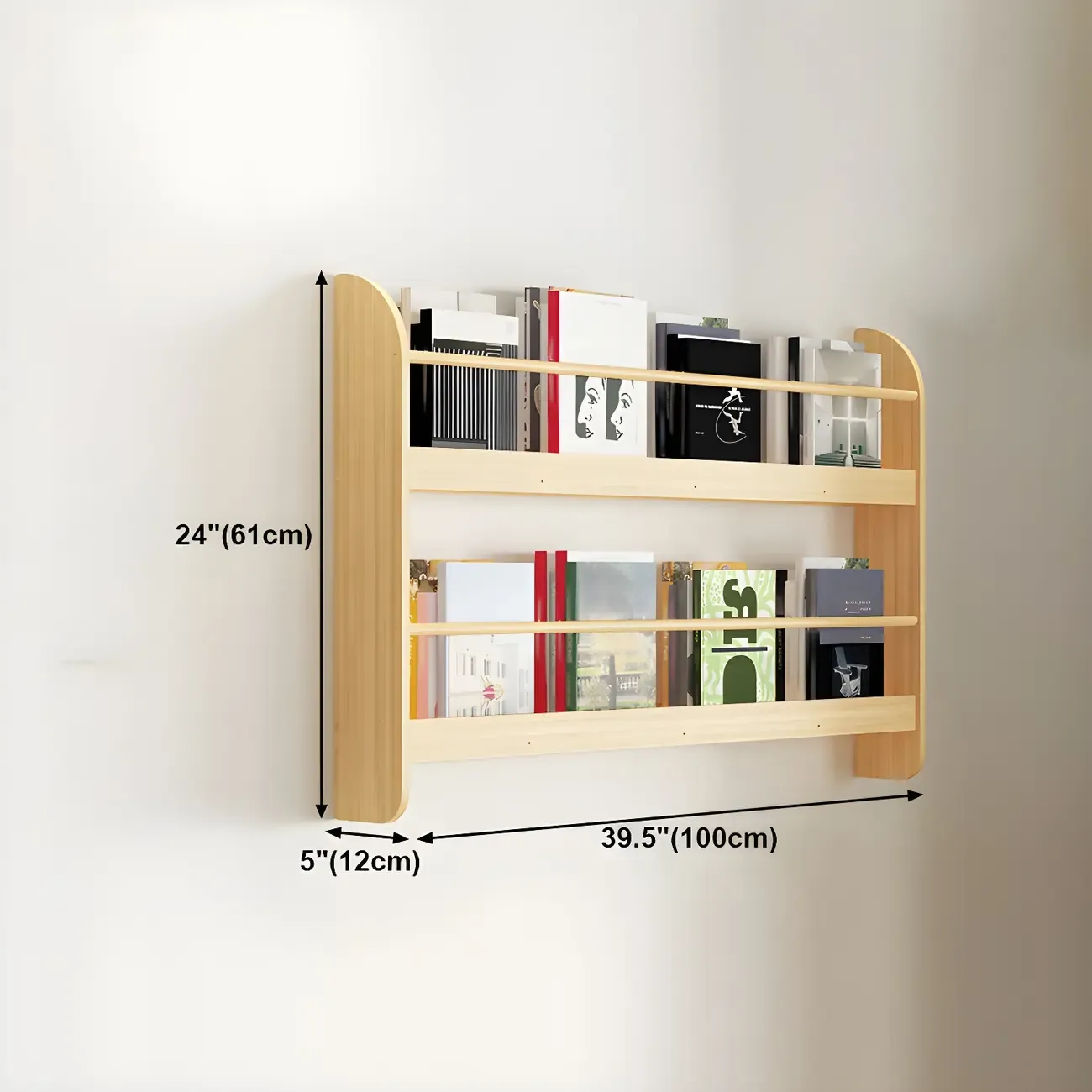 Horizontal Wall-Mounted Light Wood 4-Tier Shelf Unit Image - 37
