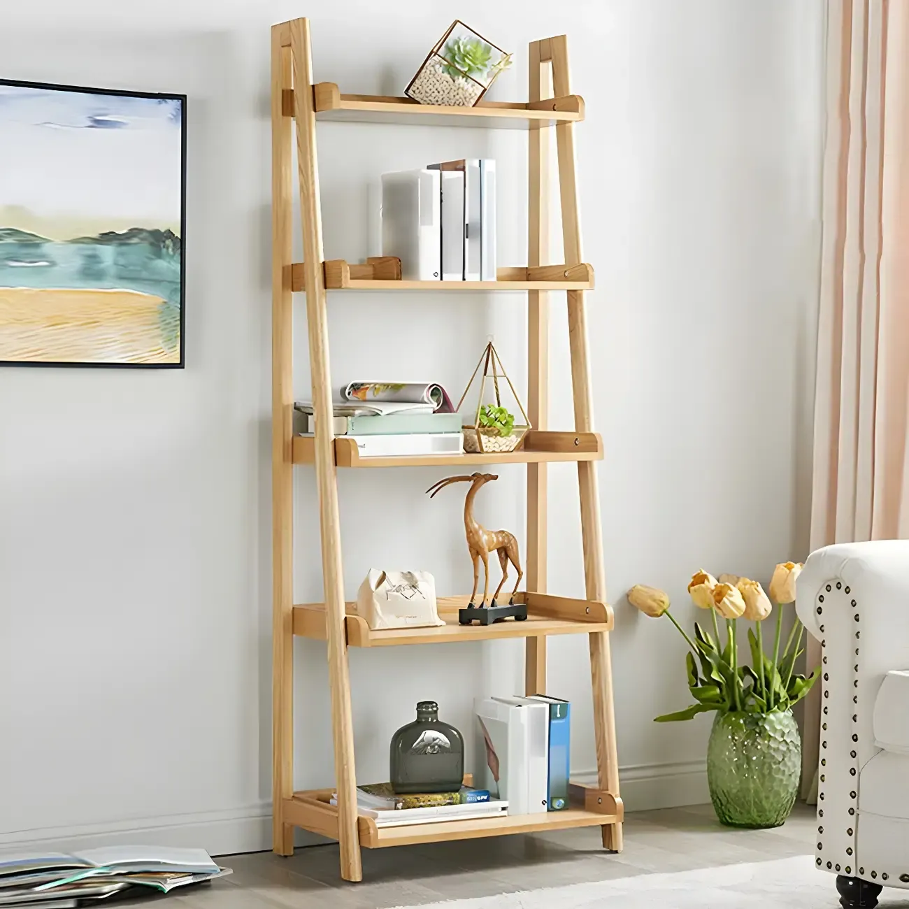 Simple 5-Tier Ash Wood Open Ladder Bookcase Image - 1