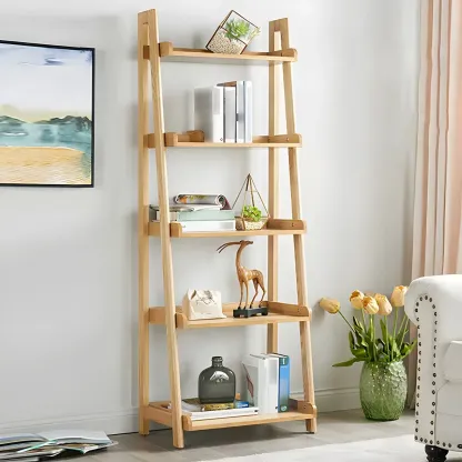 Simple 5-Tier Ash Wood Open Ladder Bookcase Image - 1