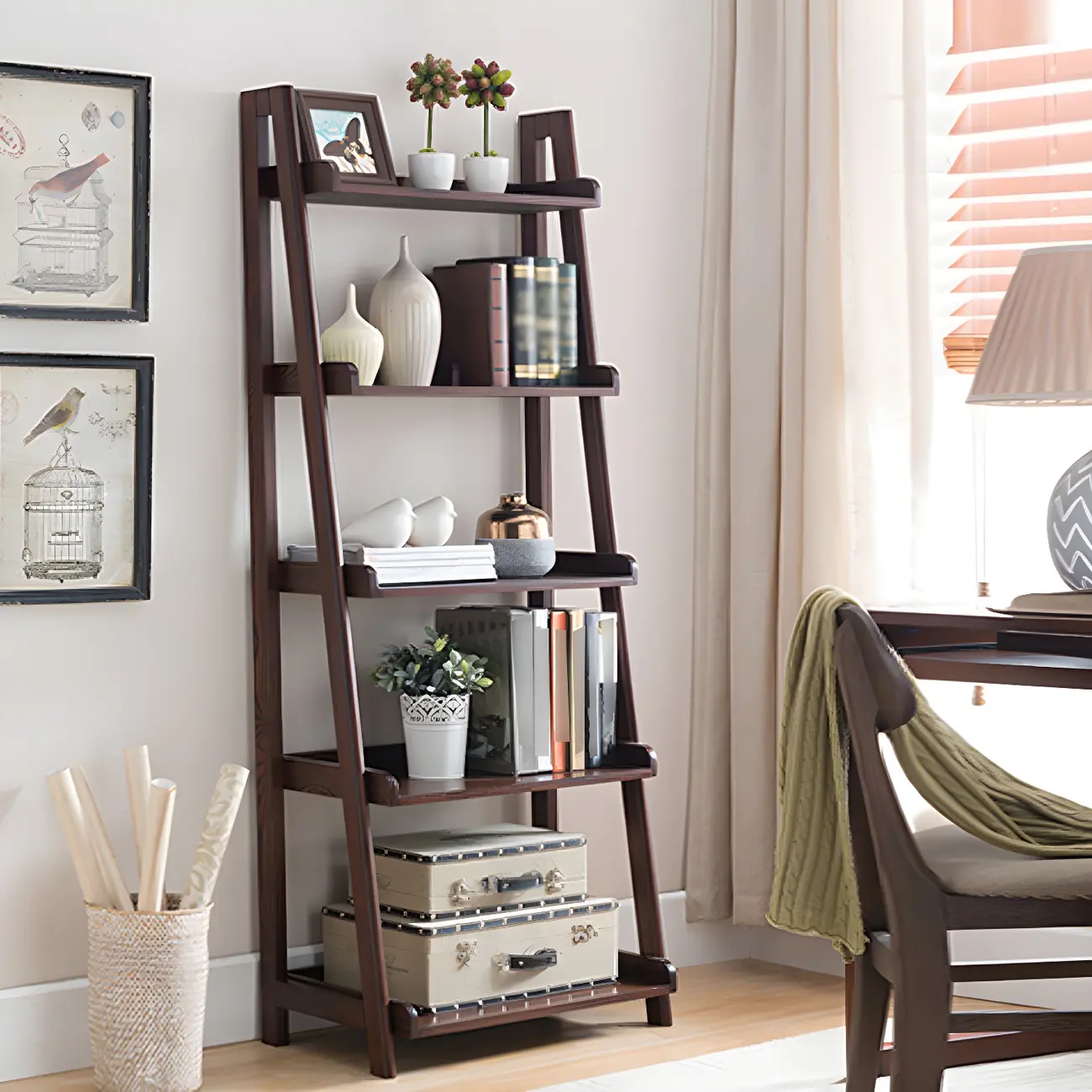 Simple 5-Tier Ash Wood Open Ladder Bookcase Image - 2 | homeyfad