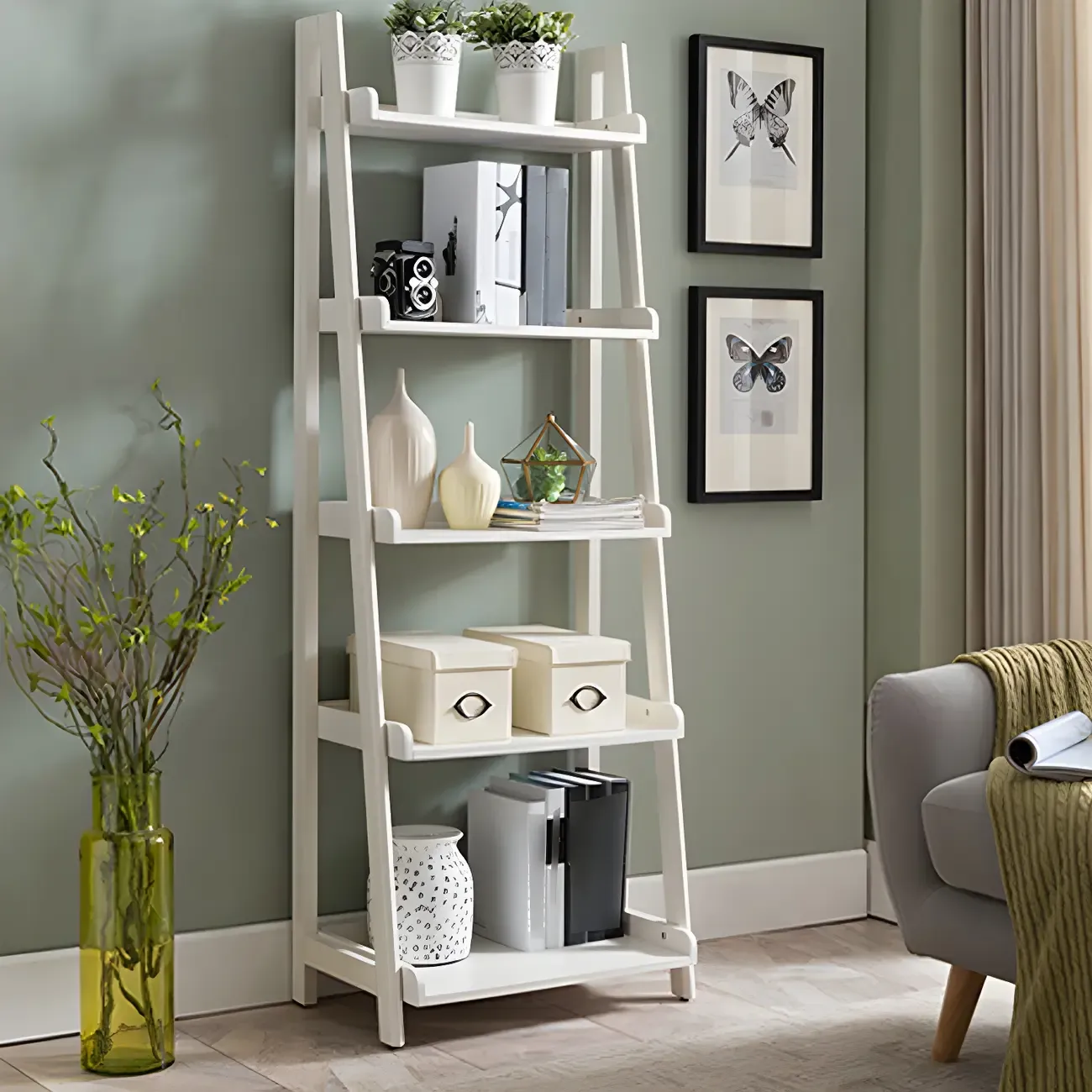 Simple 5-Tier Ash Wood Open Ladder Bookcase Image - 3