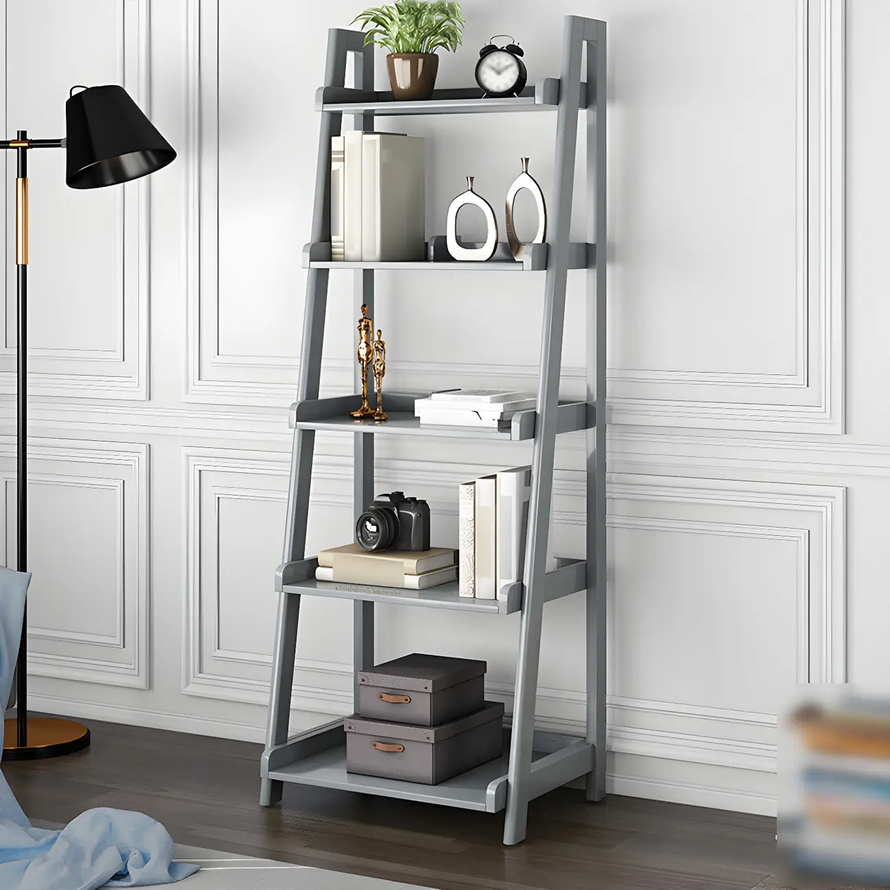 Simple 5-Tier Ash Wood Open Ladder Bookcase Image - 14 | homeyfad