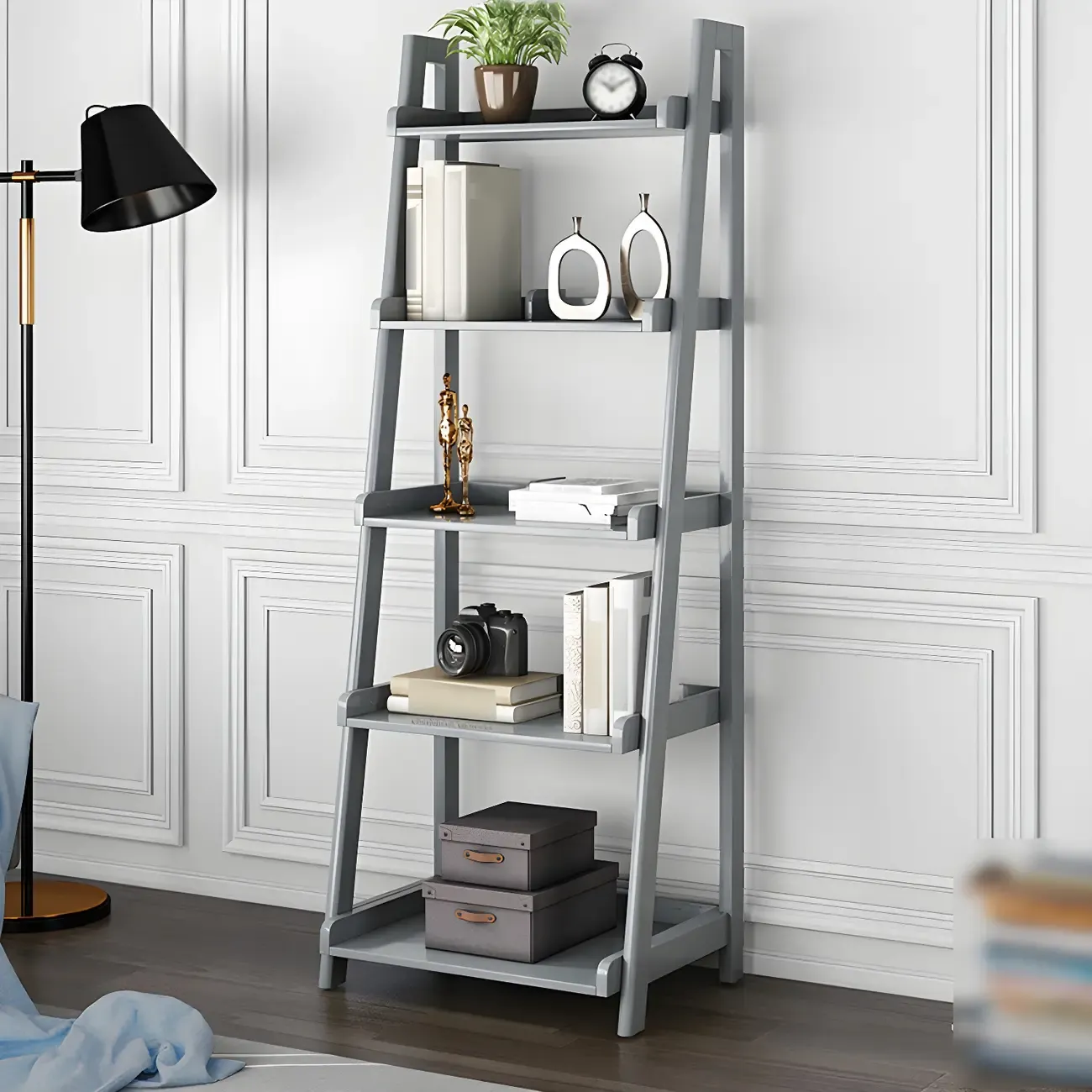 Simple 5-Tier Ash Wood Open Ladder Bookcase Image - 14