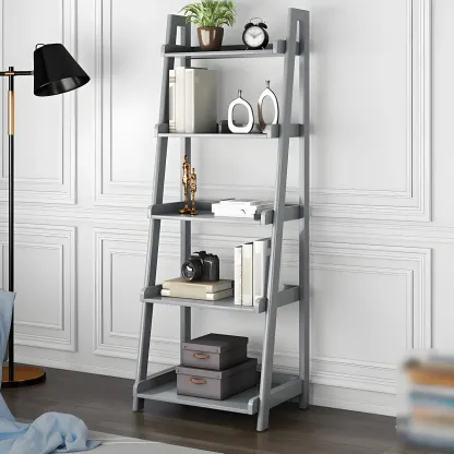 Simple 5-Tier Ash Wood Open Ladder Bookcase Image - 14