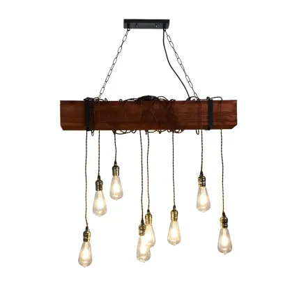Industrial Brown Wood Large Island Hanging Light Image - 5