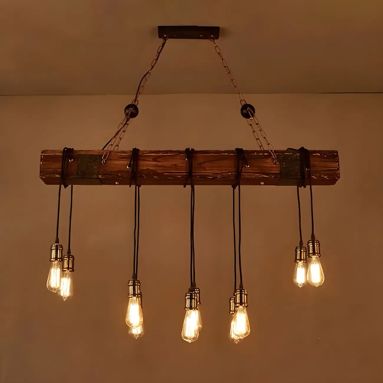 Industrial Brown Wood Large Island Hanging Light Image - 7
