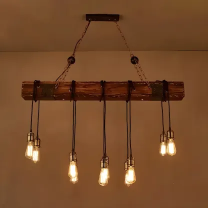 Industrial Brown Wood Large Island Hanging Light Image - 7
