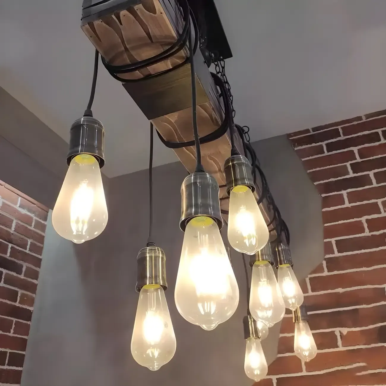 Industrial Brown Wood Large Island Hanging Light Image - 9