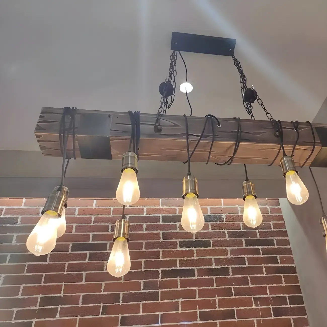 Industrial Brown Wood Large Island Hanging Light Image - 10