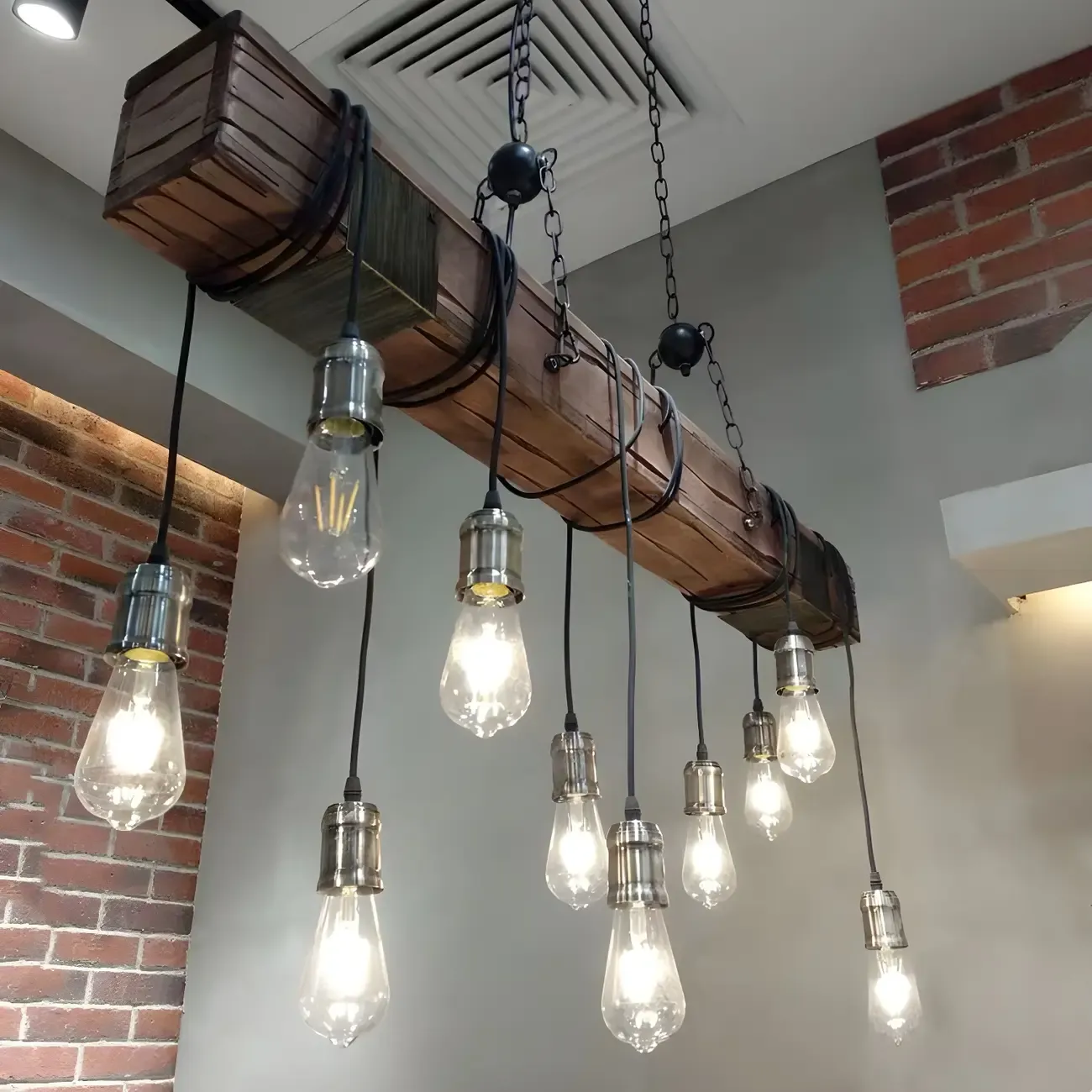 Industrial Brown Wood Large Island Hanging Light Image - 11