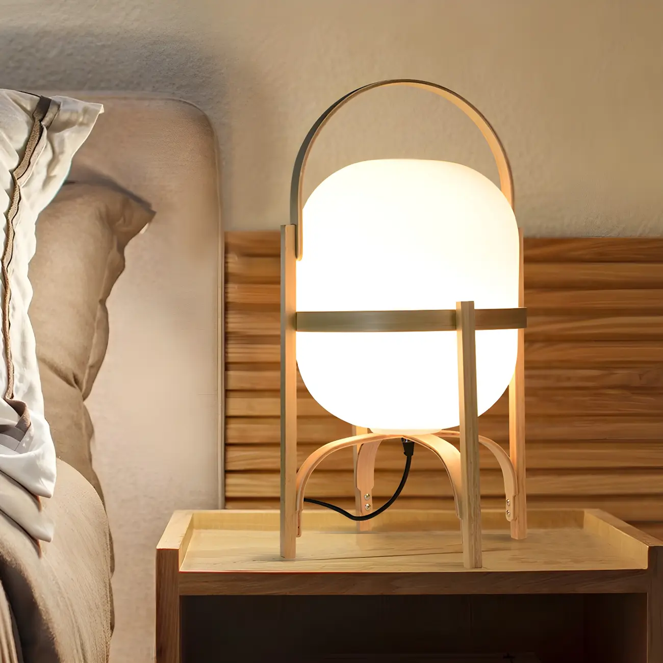 Geometric Plug In Wood Frame LED Table Lamp for Bedroom Image - 1 | homeyfad