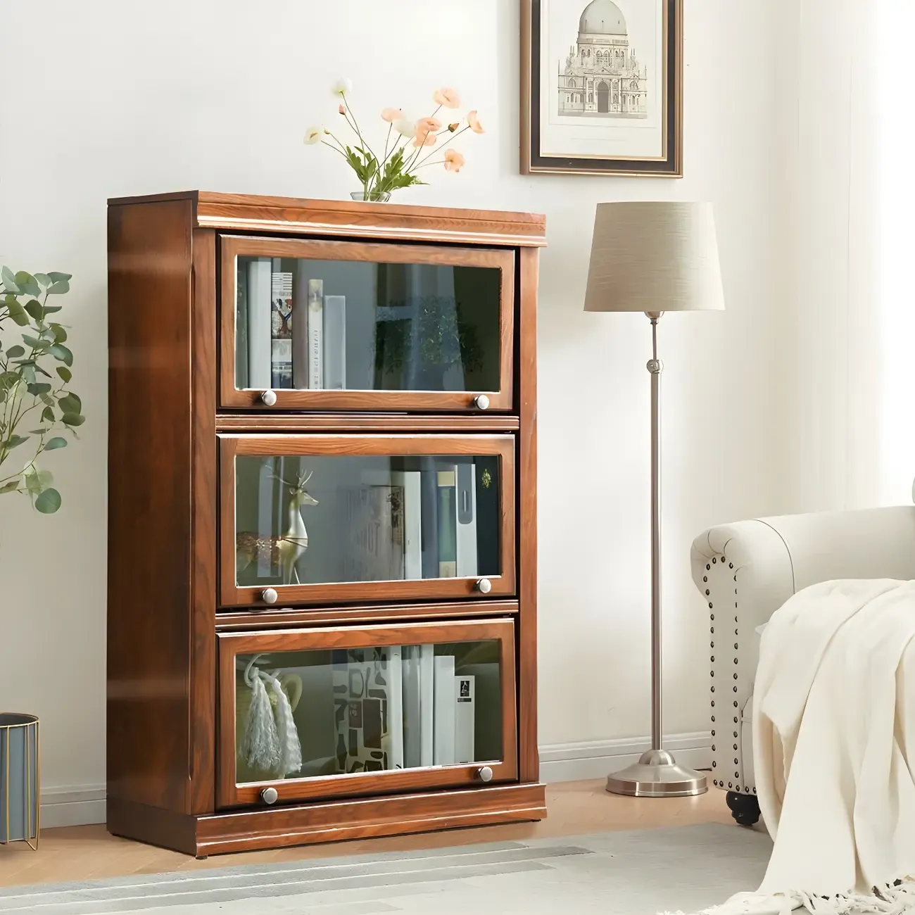 Modern Wood Brown Barrister Bookcase with Glass Doors Image - 2