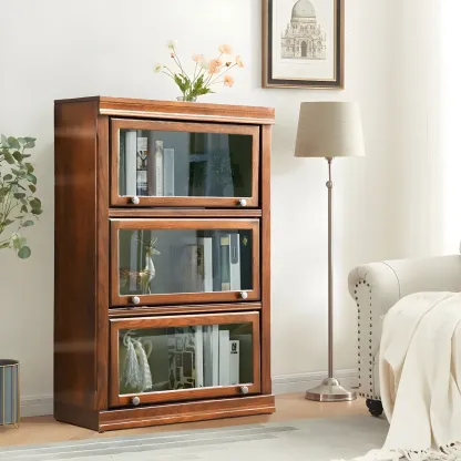 Modern Wood Brown Barrister Bookcase with Glass Doors Image - 2