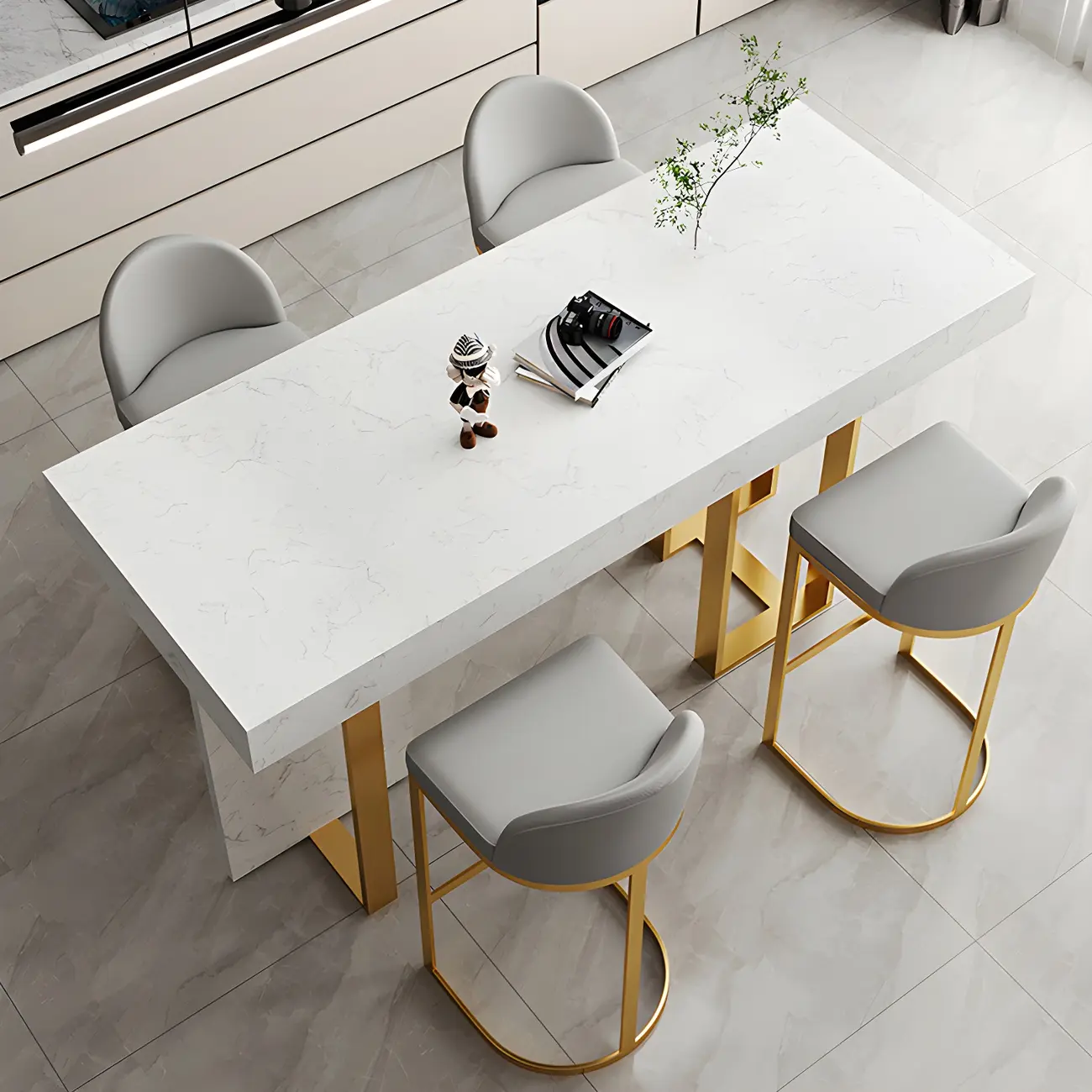 Rectangle White Marble Top Iron Base Dining Bar Table Image - 3 | homeyfad