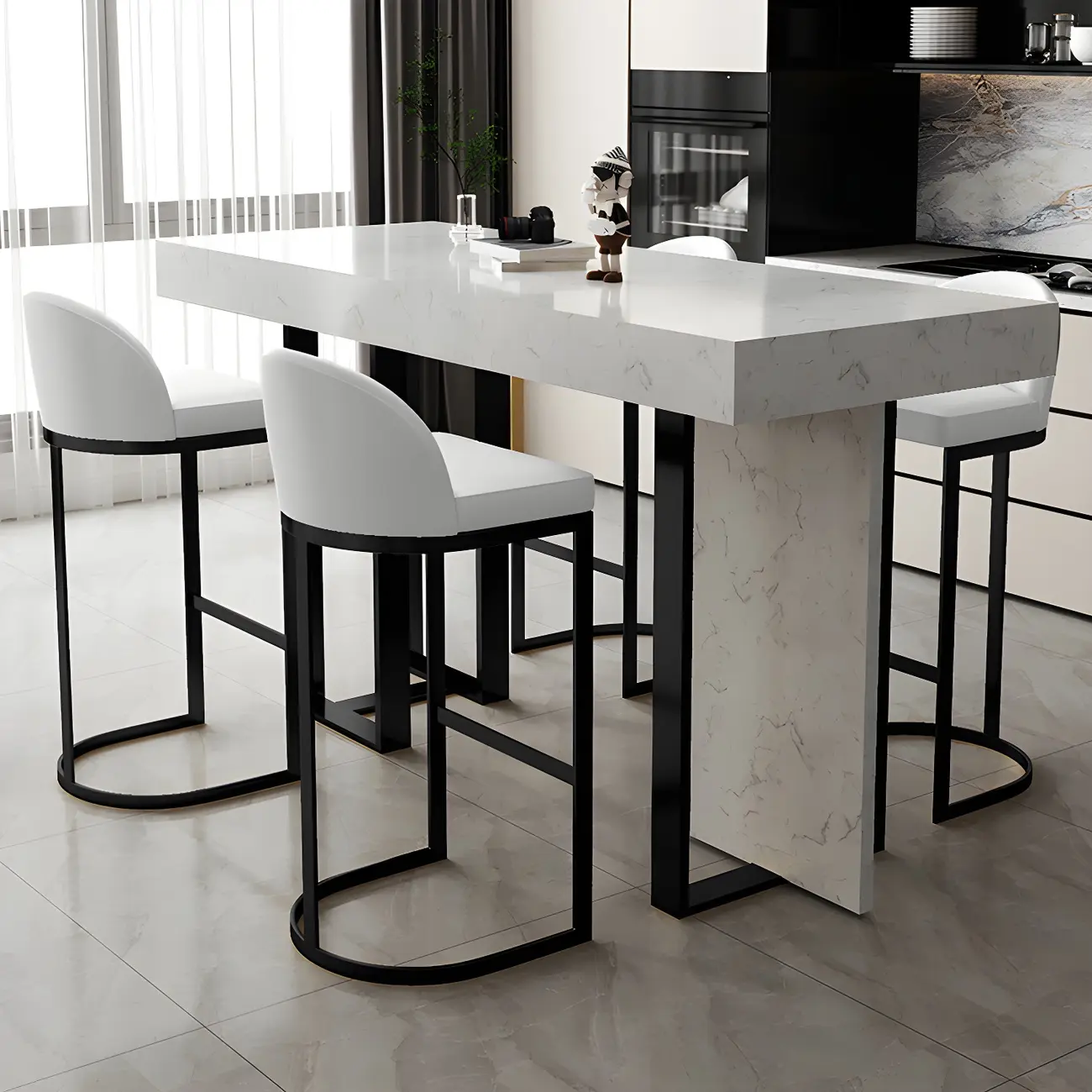 Rectangle White Marble Top Iron Base Dining Bar Table Image - 5 | homeyfad