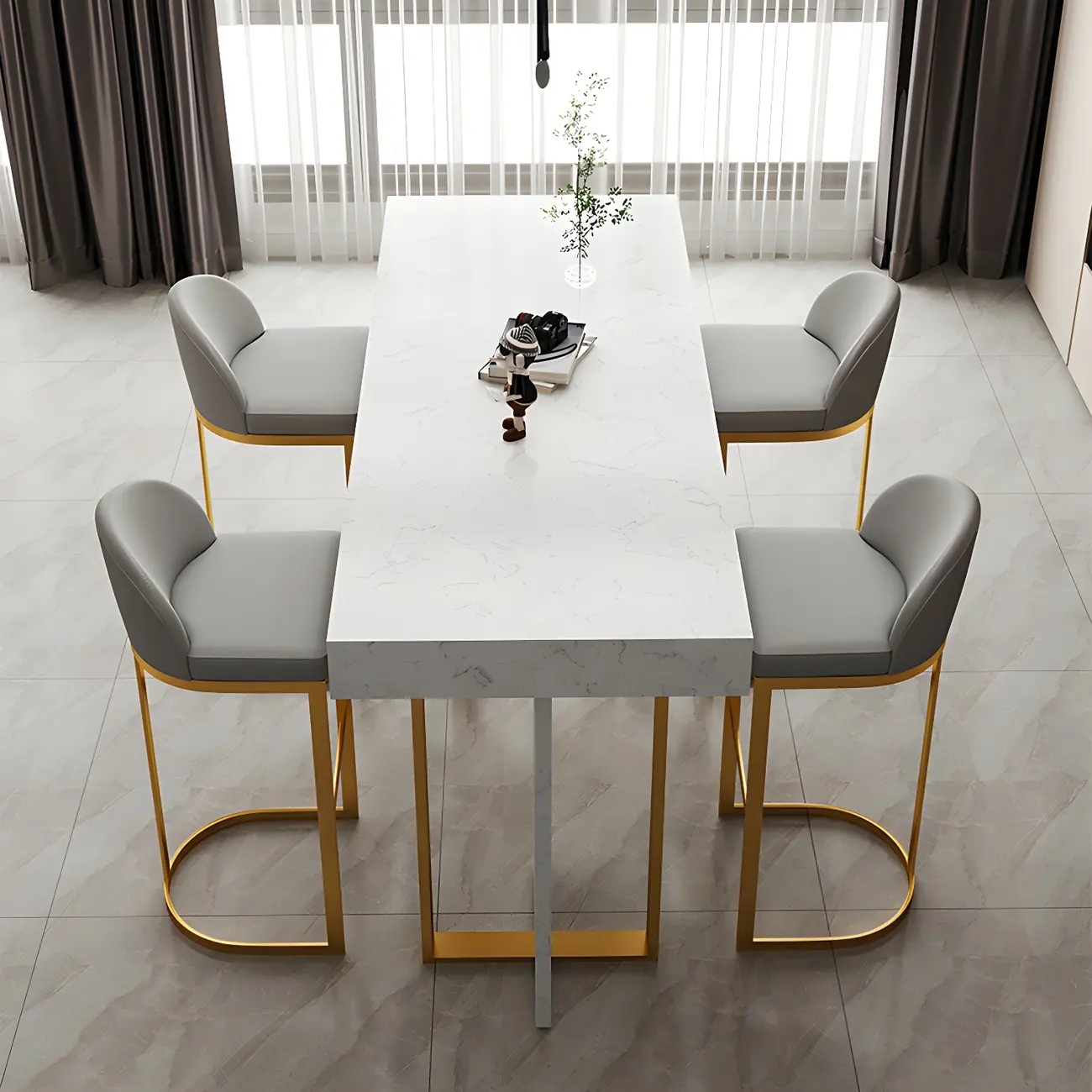 Rectangle White Marble Top Iron Base Dining Bar Table Image - 12 | homeyfad