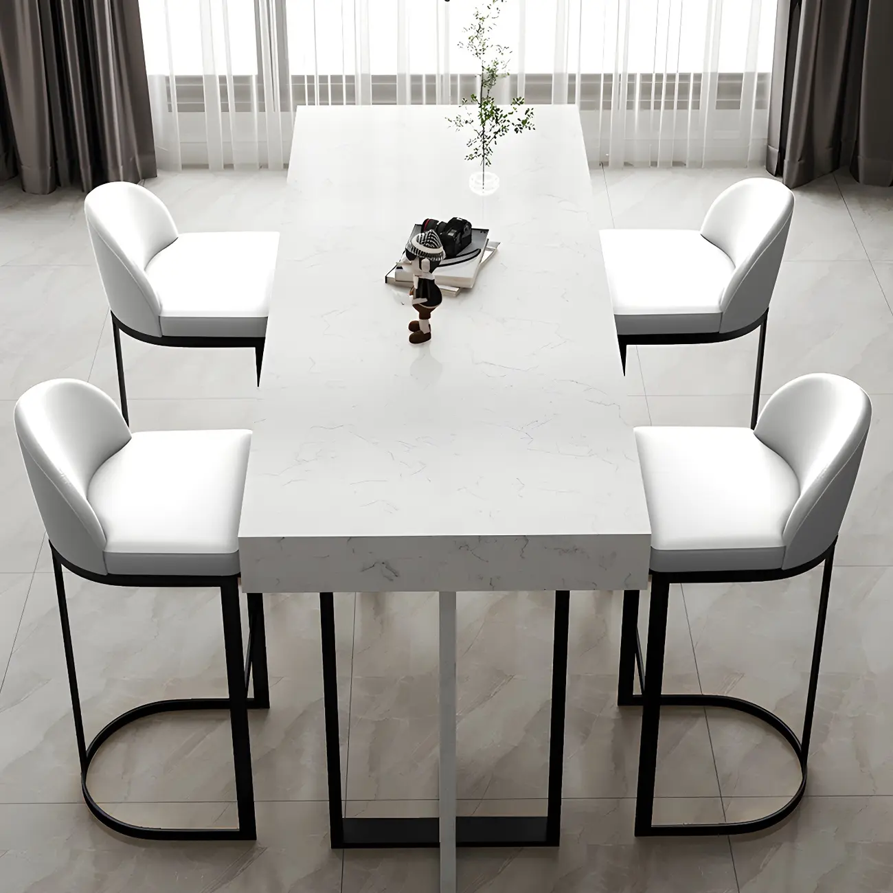 Rectangle White Marble Top Iron Base Dining Bar Table Image - 16 | homeyfad