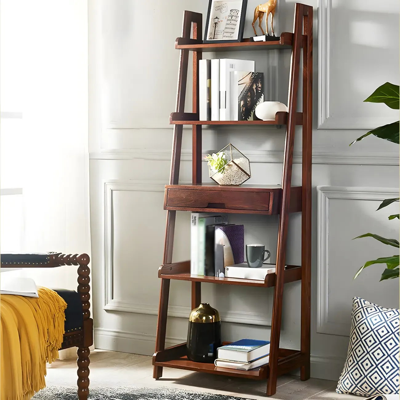 Scandinavian Wood Walnut 5-Tier Ladder Bookcase Image - 1