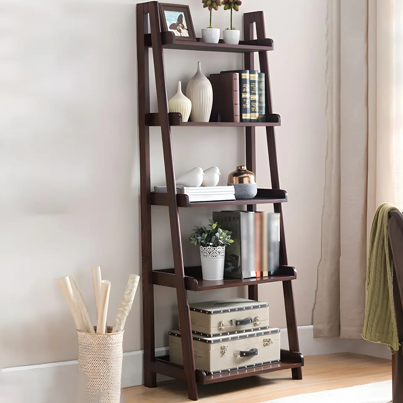 Scandinavian Wood Walnut 5-Tier Ladder Bookcase Image - 2 | homeyfad