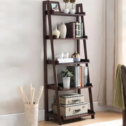 Scandinavian Wood Walnut 5-Tier Ladder Bookcase Image - 2