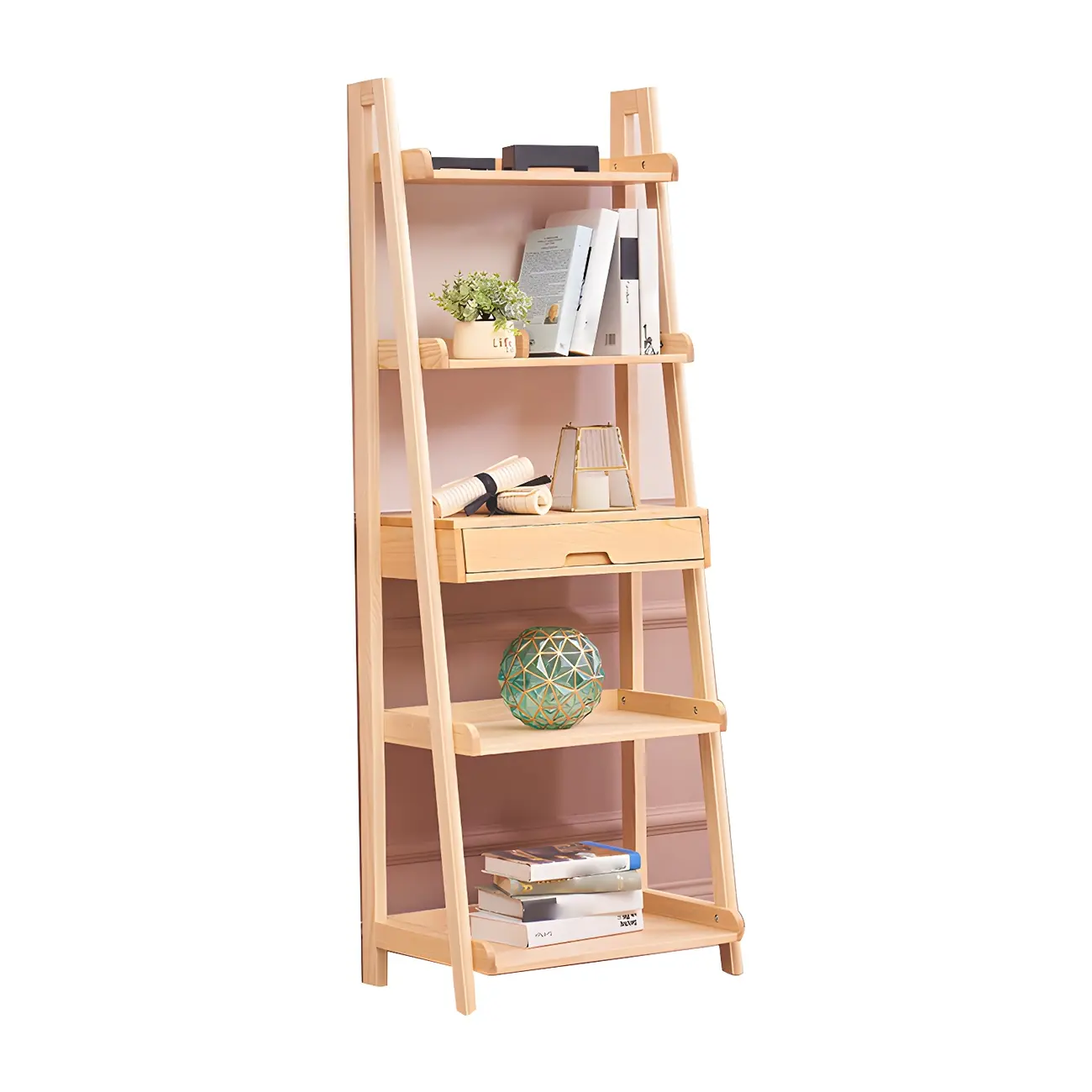 Scandinavian Wood Walnut 5-Tier Ladder Bookcase Image - 6 | homeyfad