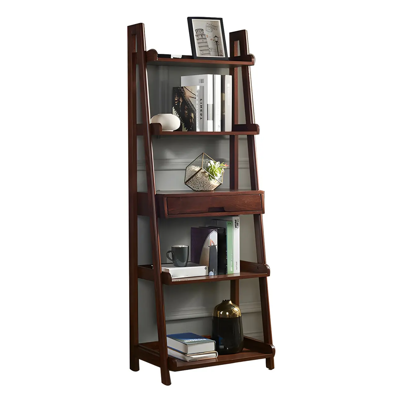 Scandinavian Wood Walnut 5-Tier Ladder Bookcase Image - 9 | homeyfad