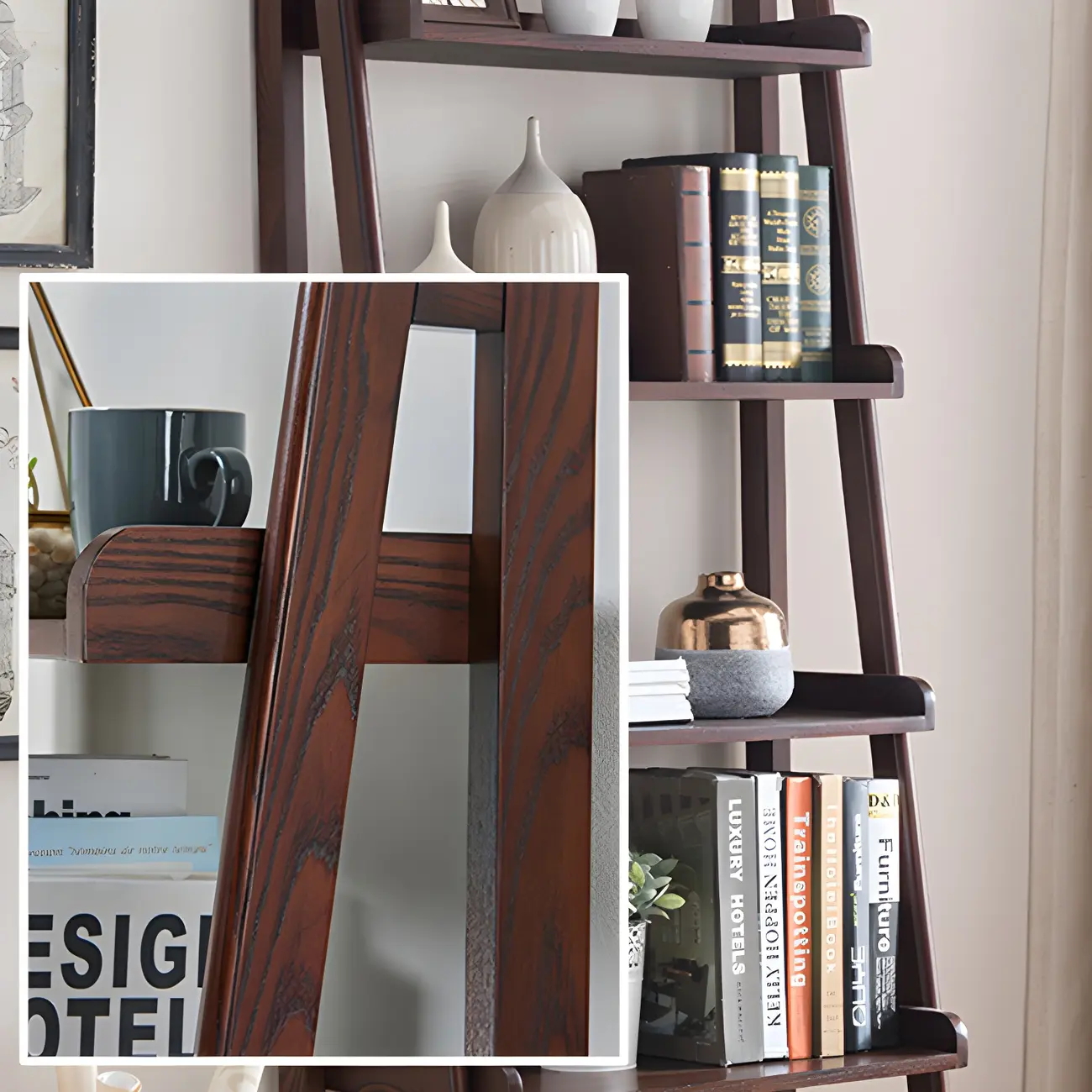 Scandinavian Wood Walnut 5-Tier Ladder Bookcase Image - 12 | homeyfad