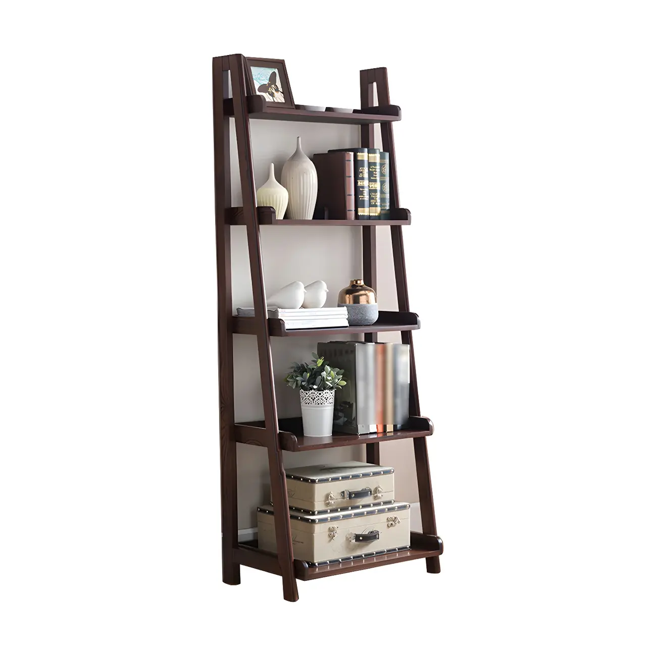 Scandinavian Wood Walnut 5-Tier Ladder Bookcase Image - 15 | homeyfad