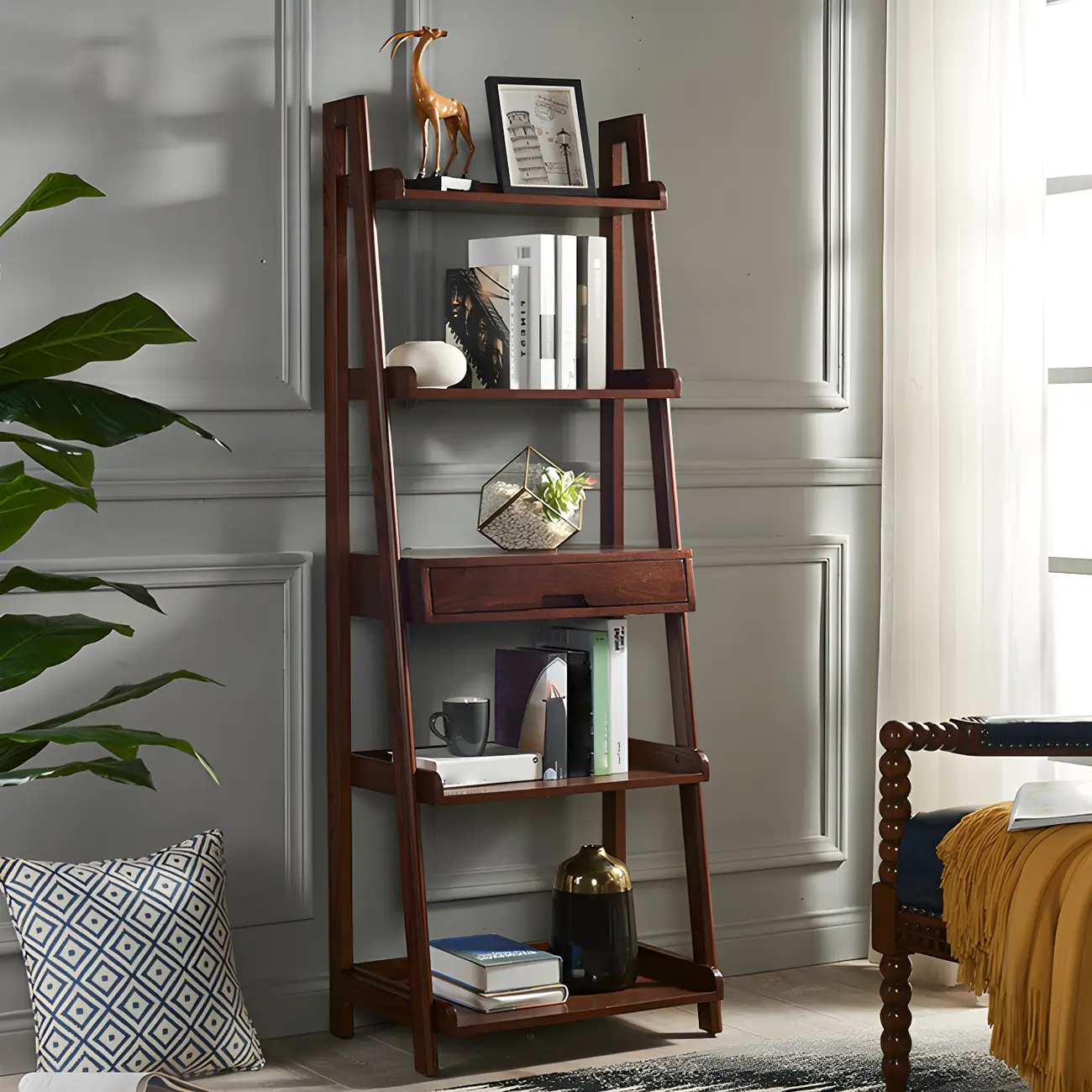 Scandinavian Wood Walnut 5-Tier Ladder Bookcase Image - 18 | homeyfad