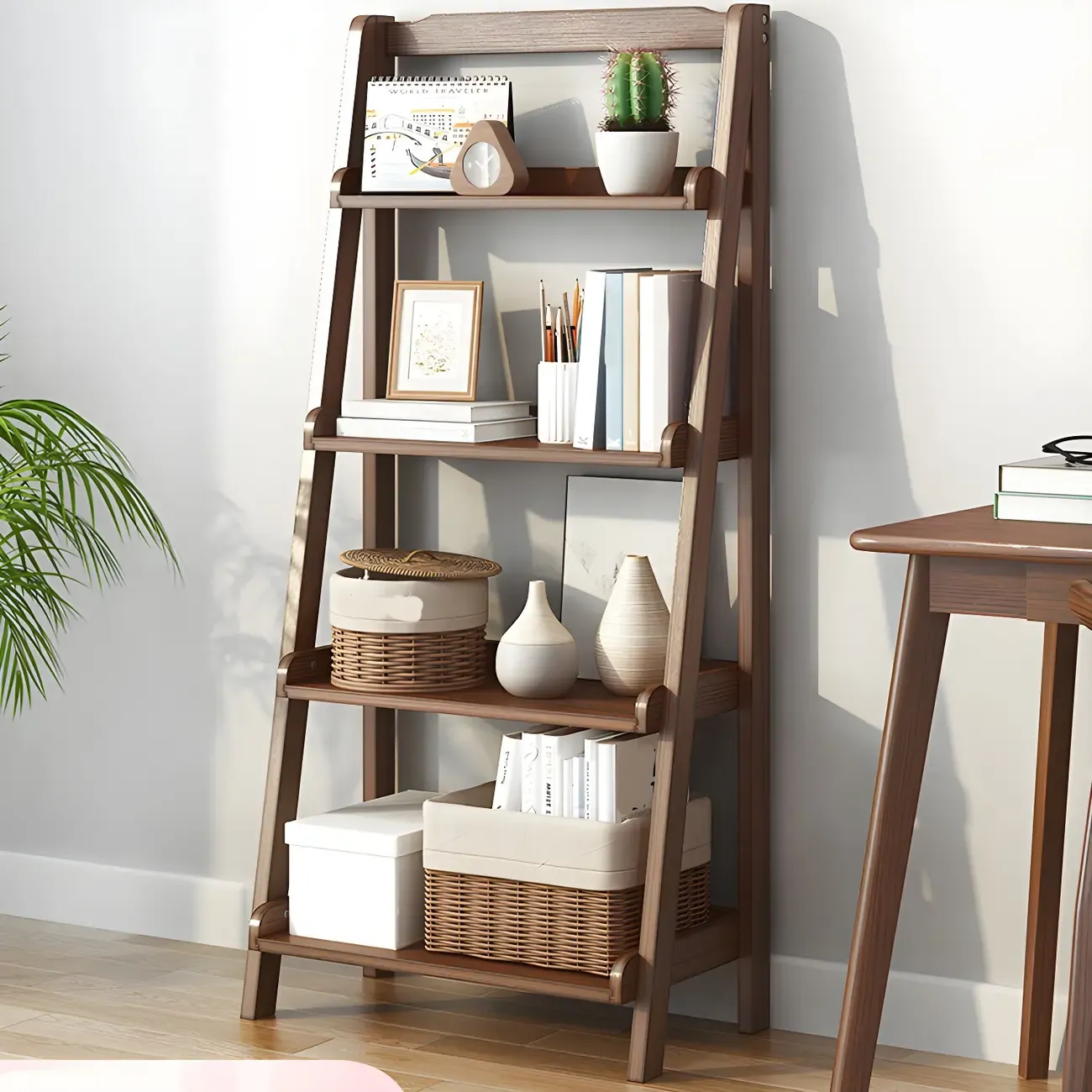 Minimalist Wooden Ladder Storage Bookcase in Walnut Image - 1