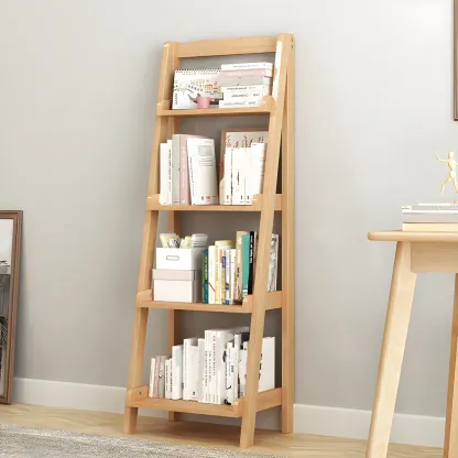 Minimalist Wooden Ladder Storage Bookcase in Walnut Image - 2